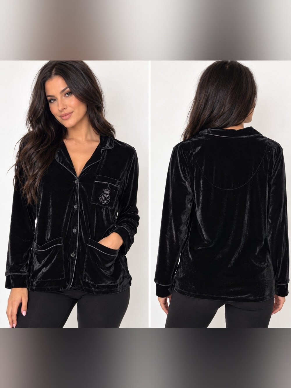 Lauren Ralph Lauren XS Black Velvet Pajama Top LRL Crown Monogram